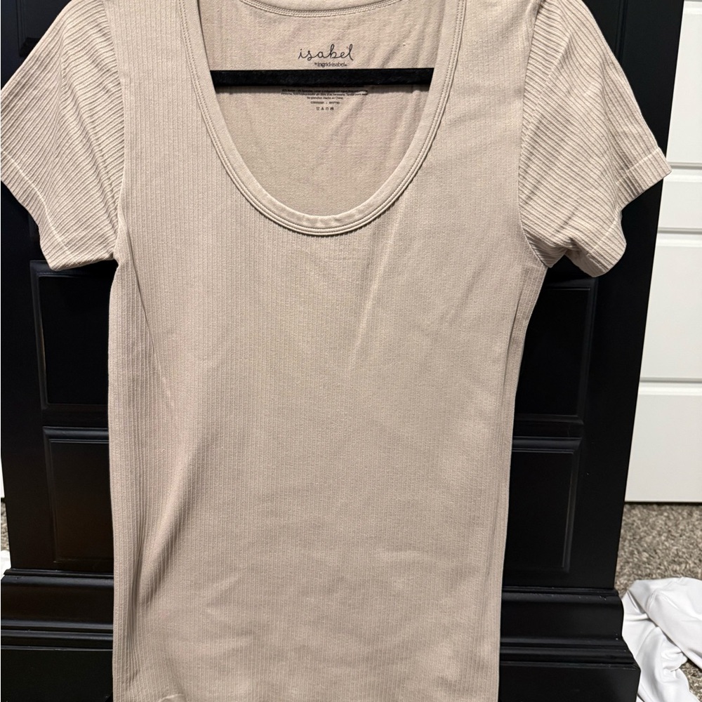 Ingrid & Isabel Light Beige Ribbed Short Sleeve Top